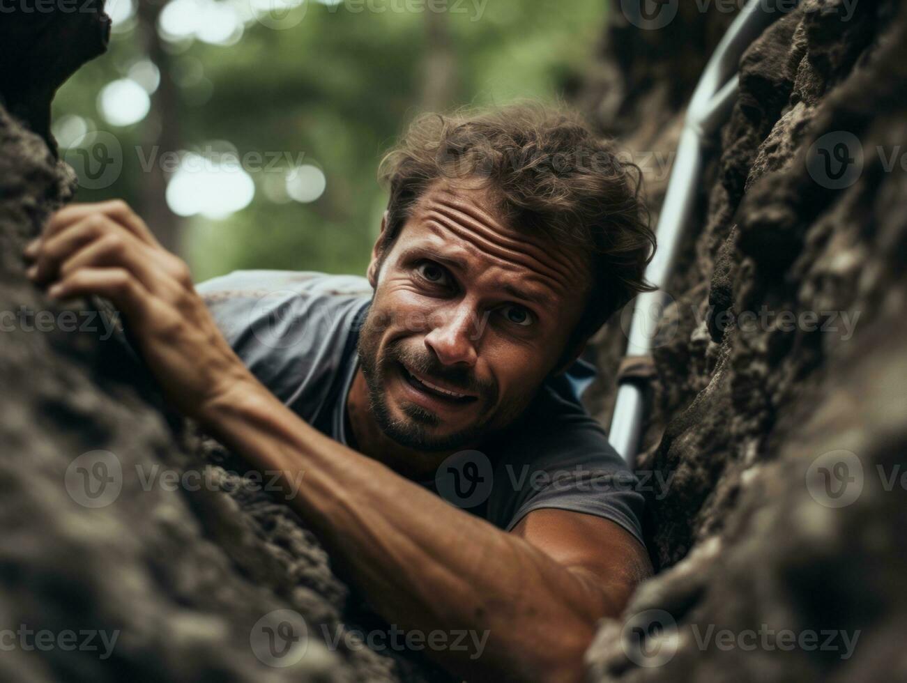 Determined man climbs a steep mountain trail AI Generative photo