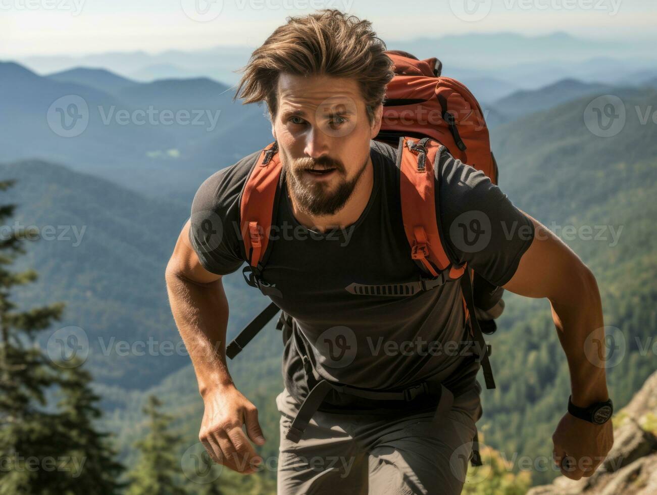 Determined man climbs a steep mountain trail AI Generative photo