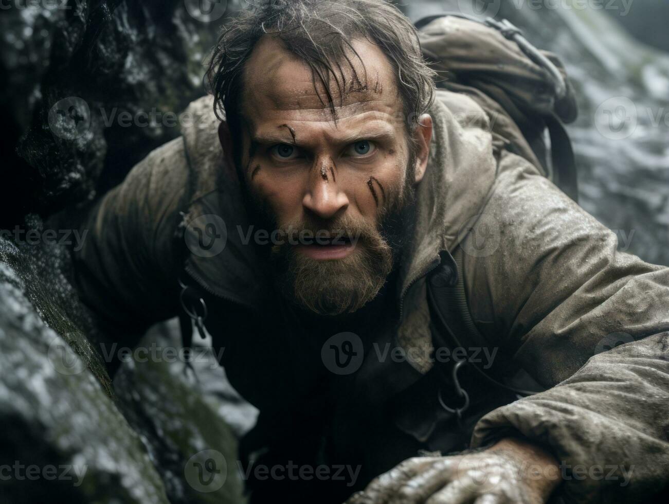 Determined man climbs a steep mountain trail AI Generative photo