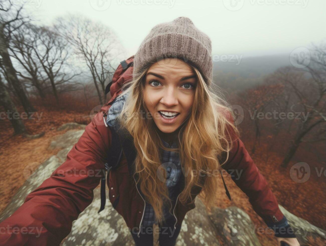 Determined woman climbs a steep mountain trail AI Generative photo