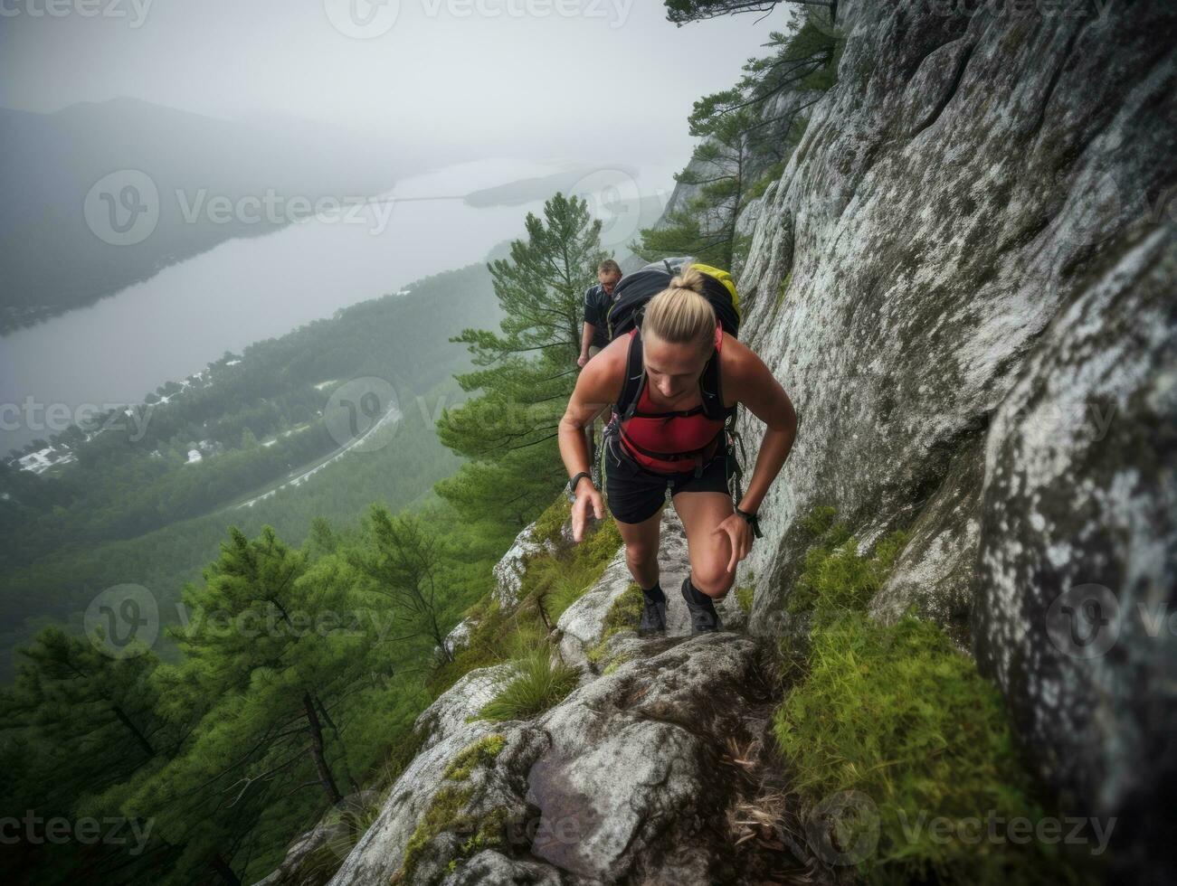 Determined woman climbs a steep mountain trail AI Generative photo