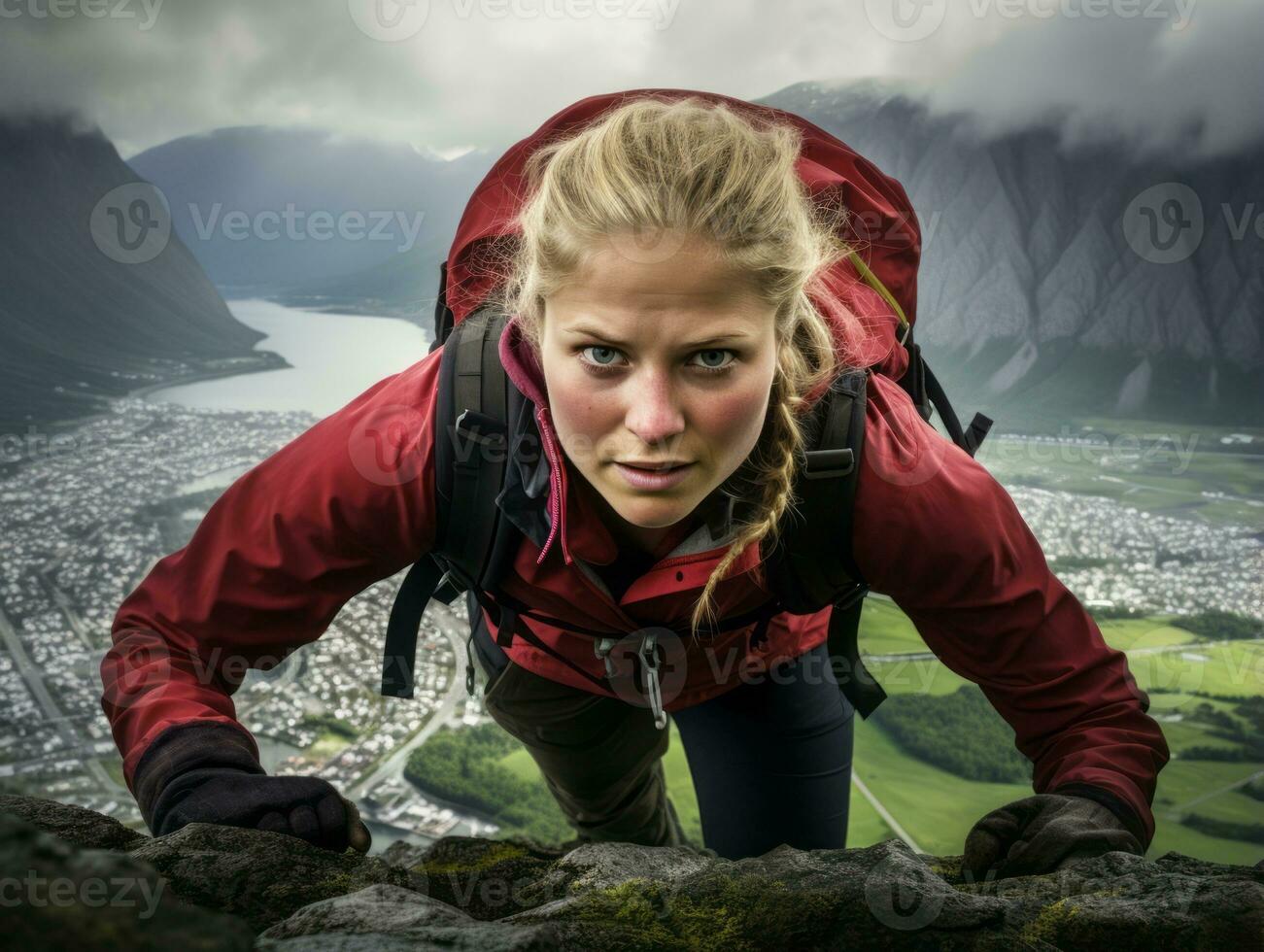 determinado mujer sube un escarpado montaña sendero ai generativo foto