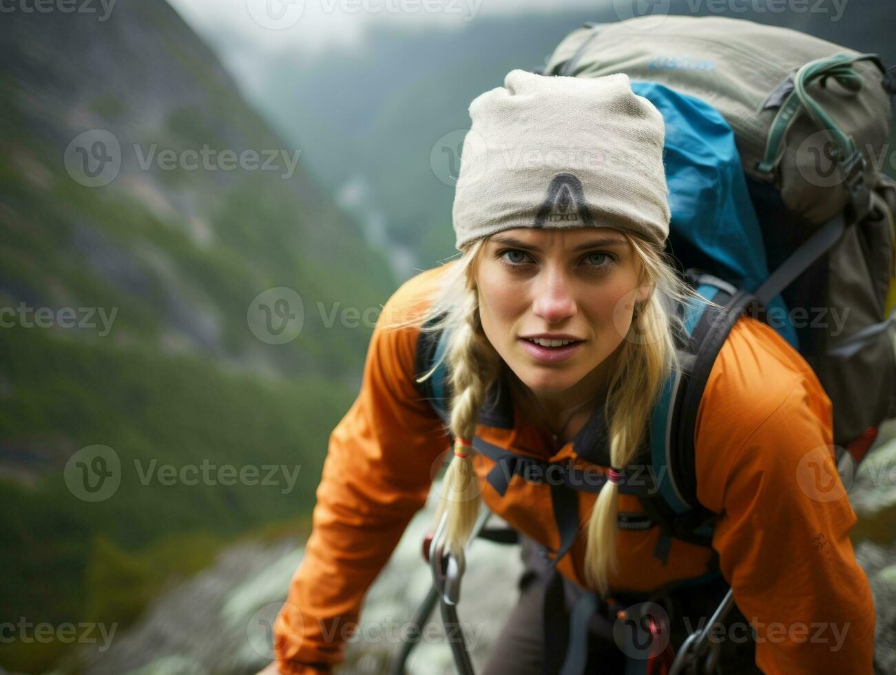 Determined woman climbs a steep mountain trail AI Generative photo