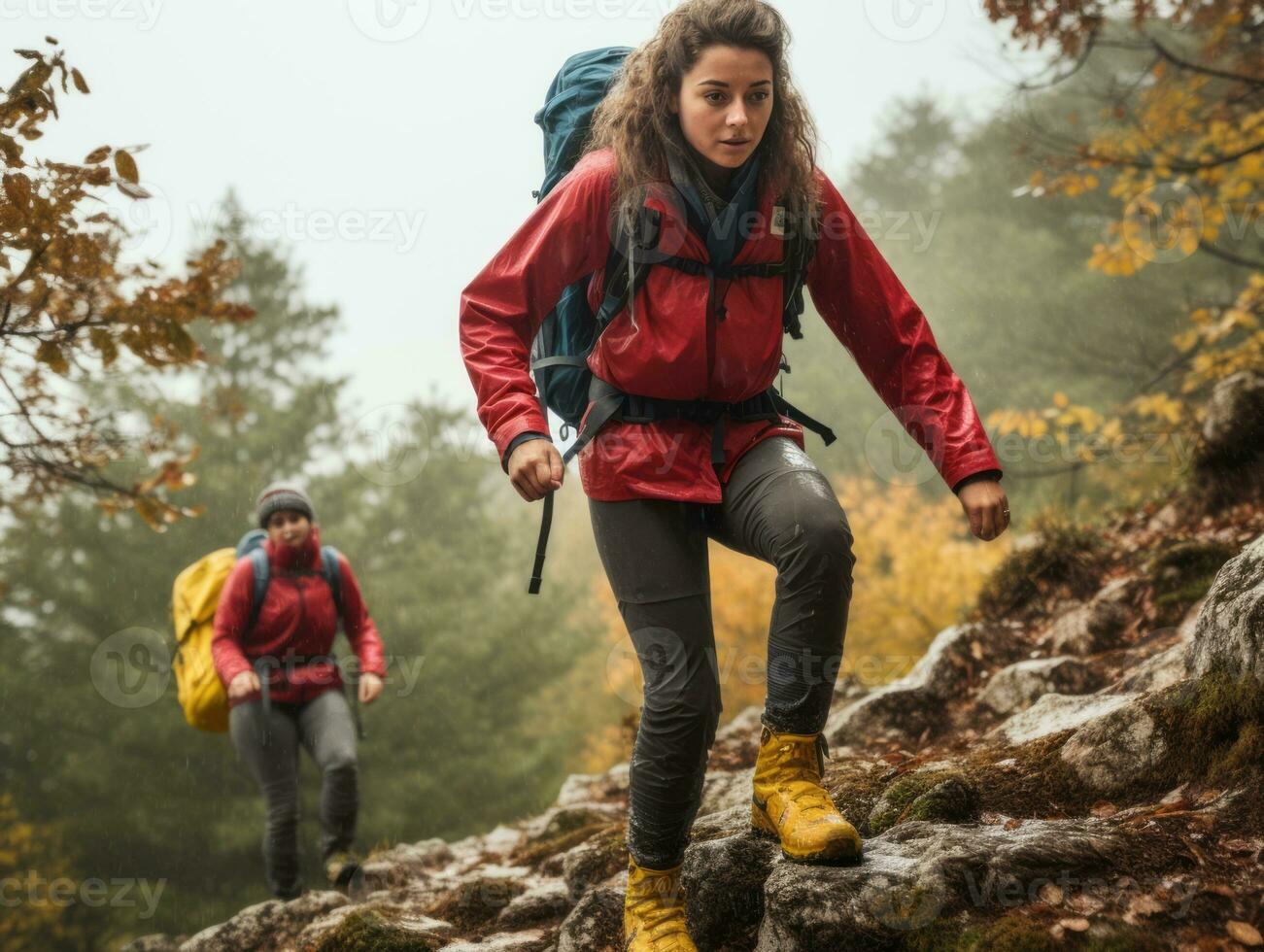 Determined woman climbs a steep mountain trail AI Generative photo