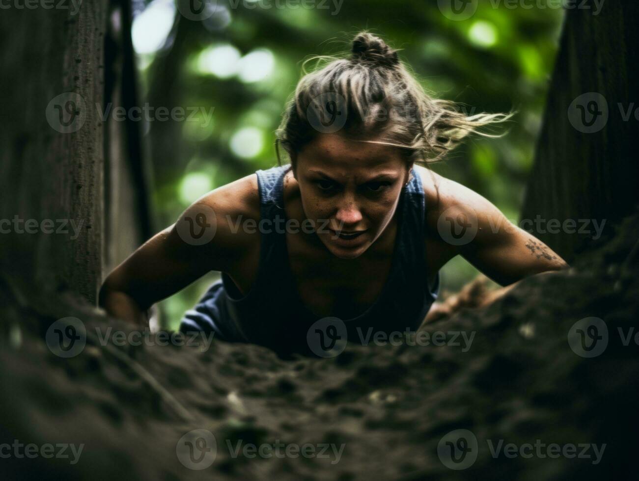 Determined woman climbs a steep mountain trail AI Generative photo