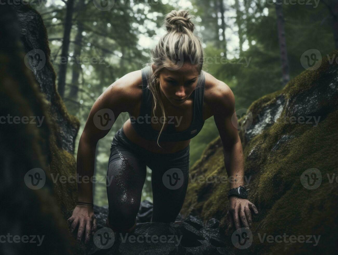 Determined woman climbs a steep mountain trail AI Generative photo