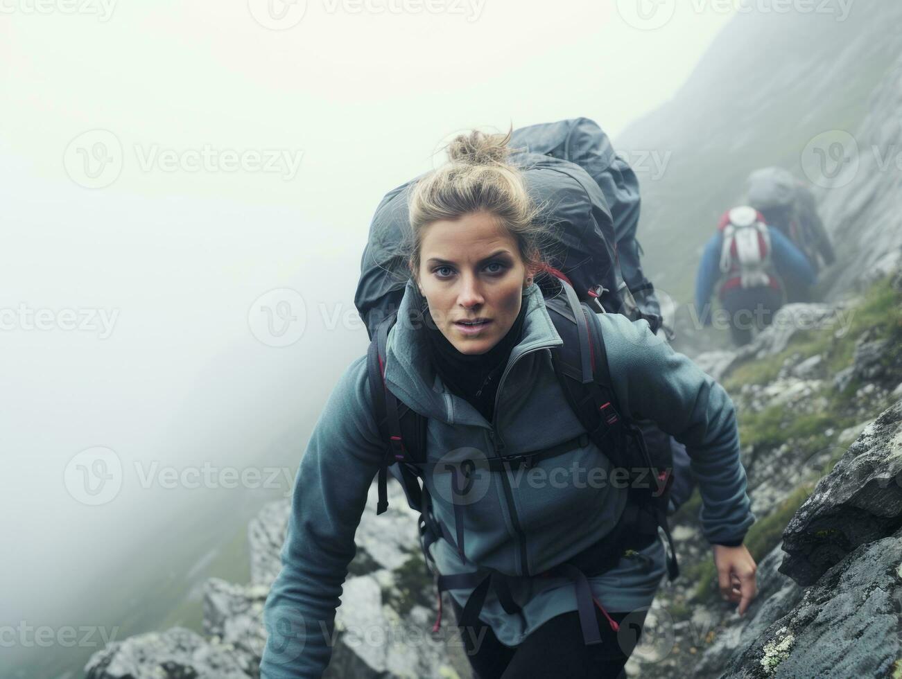 Determined woman climbs a steep mountain trail AI Generative photo