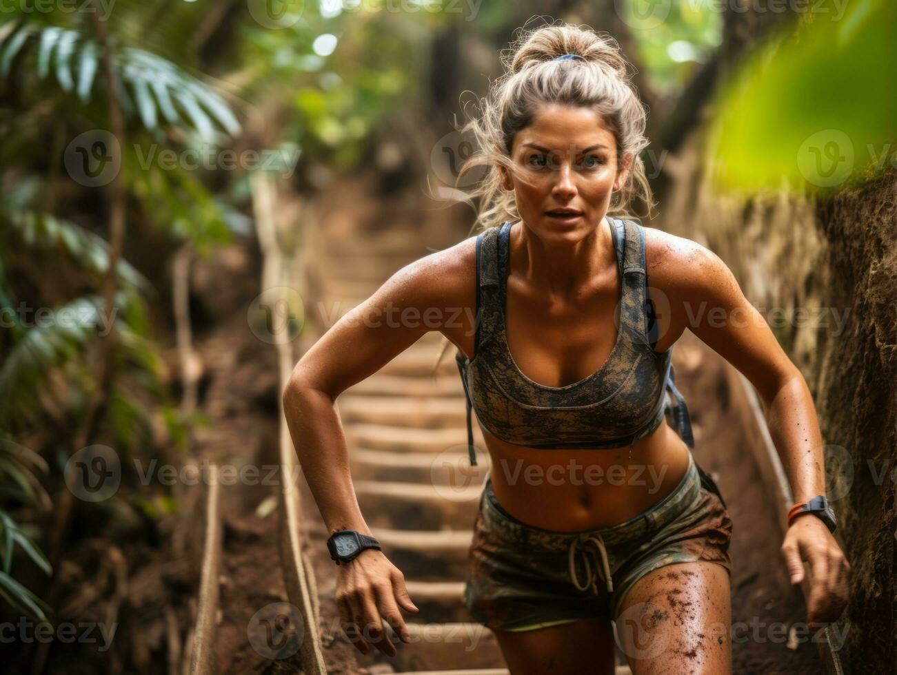 Determined woman climbs a steep mountain trail AI Generative photo