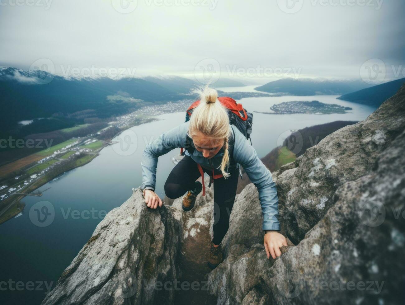 determinado mujer sube un escarpado montaña sendero ai generativo foto