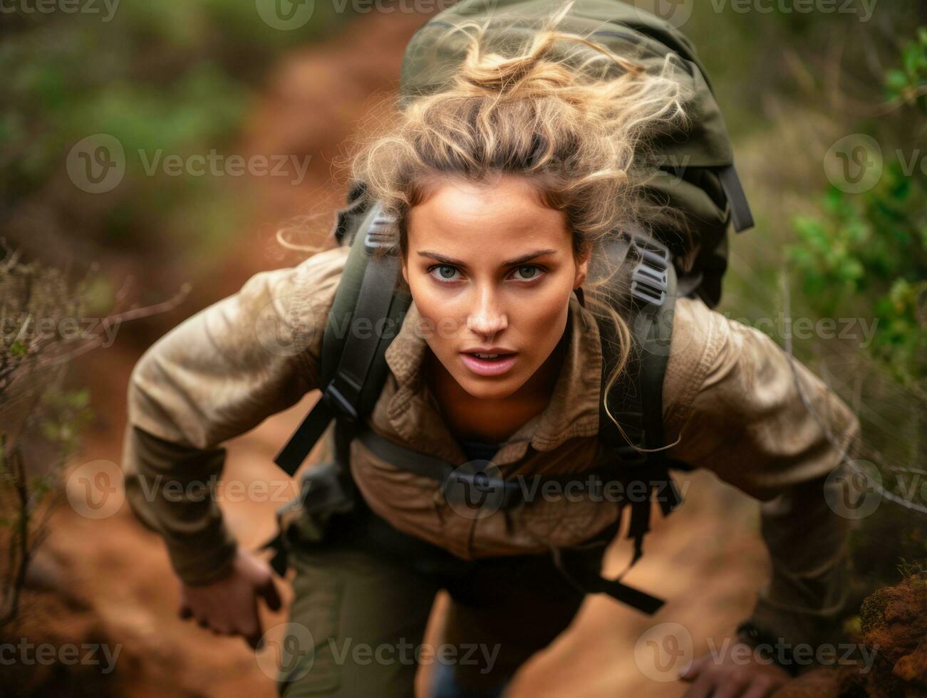 Determined woman climbs a steep mountain trail AI Generative photo