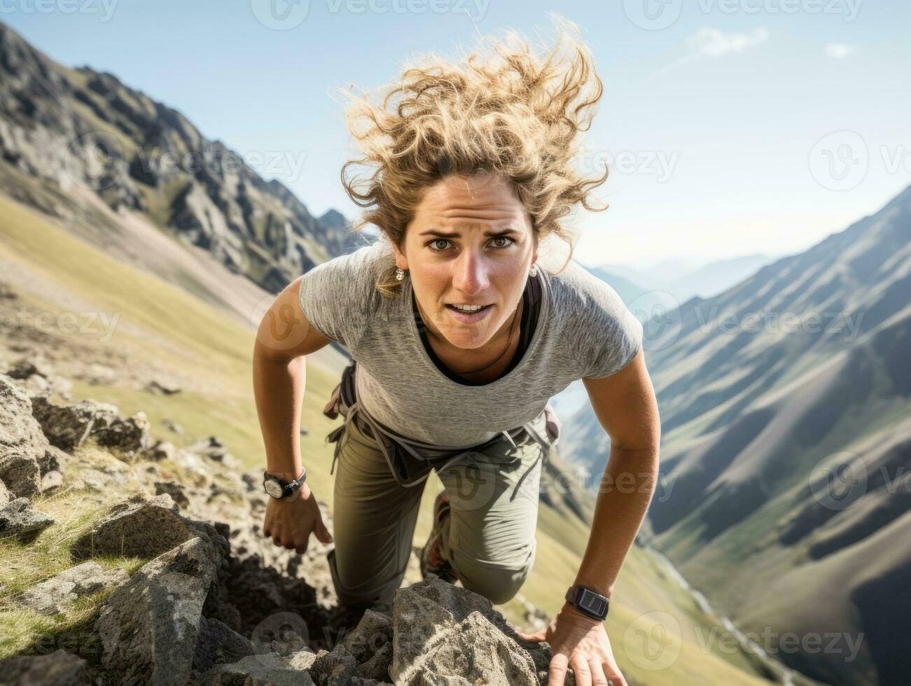 Determined woman climbs a steep mountain trail AI Generative photo