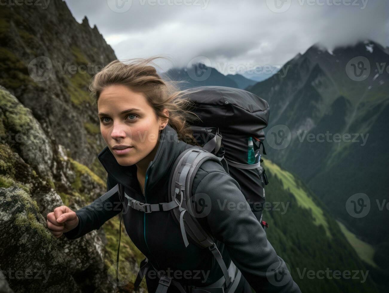 Determined woman climbs a steep mountain trail AI Generative photo