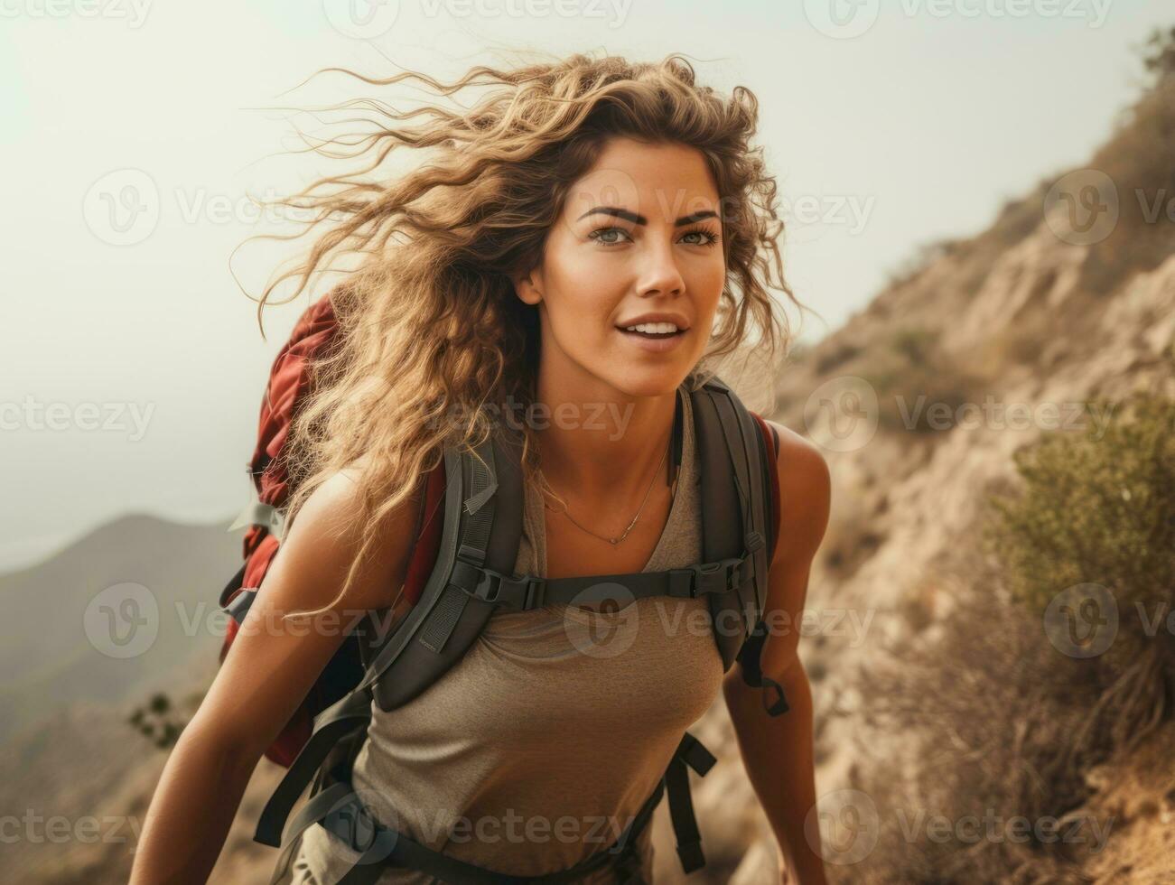 Determined woman climbs a steep mountain trail AI Generative photo