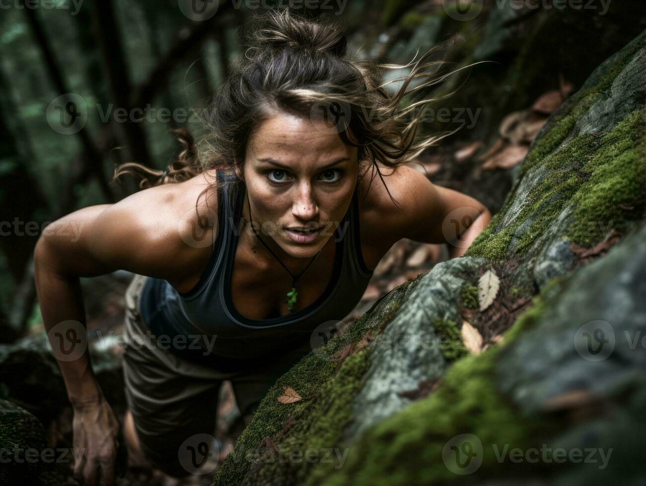 Determined woman climbs a steep mountain trail AI Generative photo