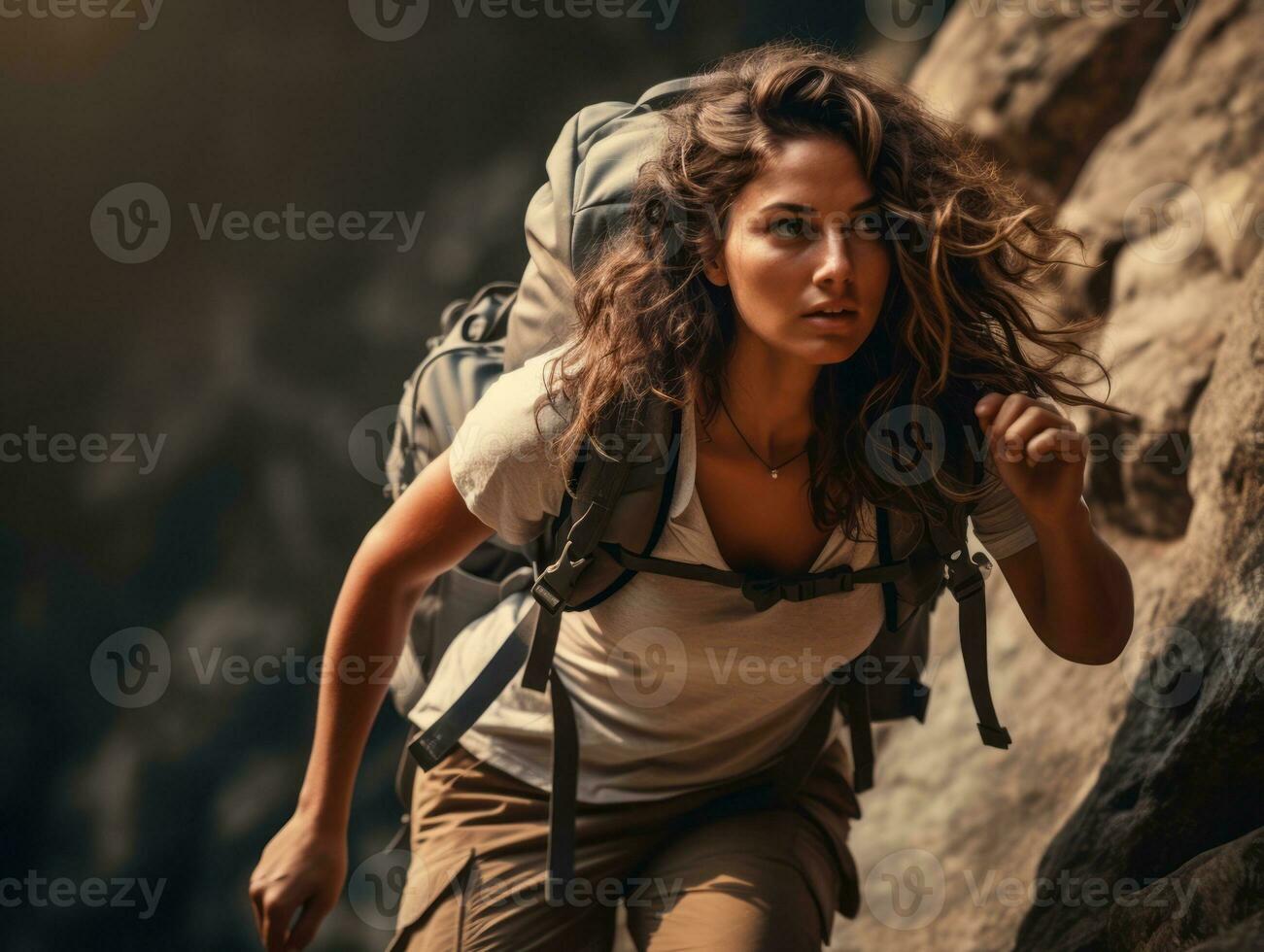 Determined woman climbs a steep mountain trail AI Generative photo