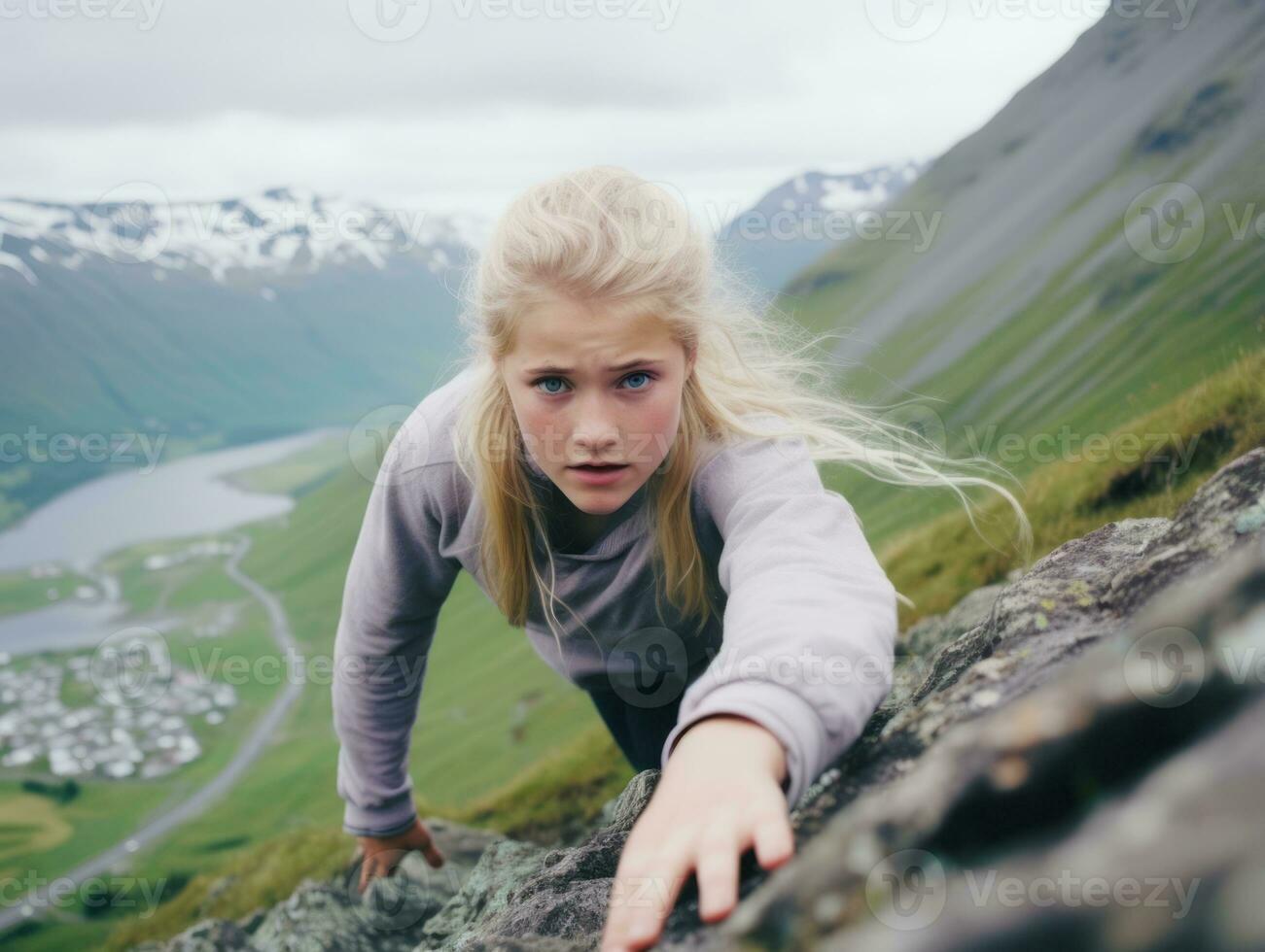 determinado mujer sube un escarpado montaña sendero ai generativo foto