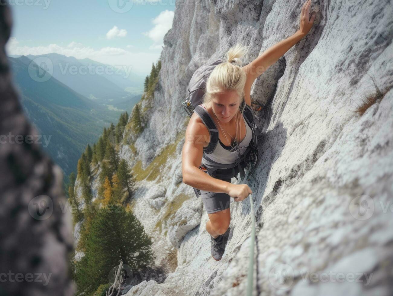 Determined woman climbs a steep mountain trail AI Generative photo