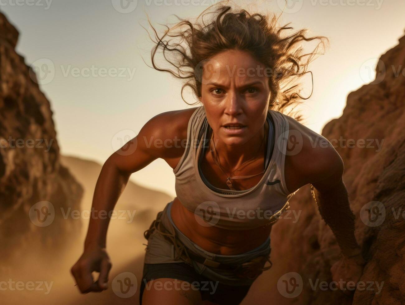 determinado mujer sube un escarpado montaña sendero ai generativo foto