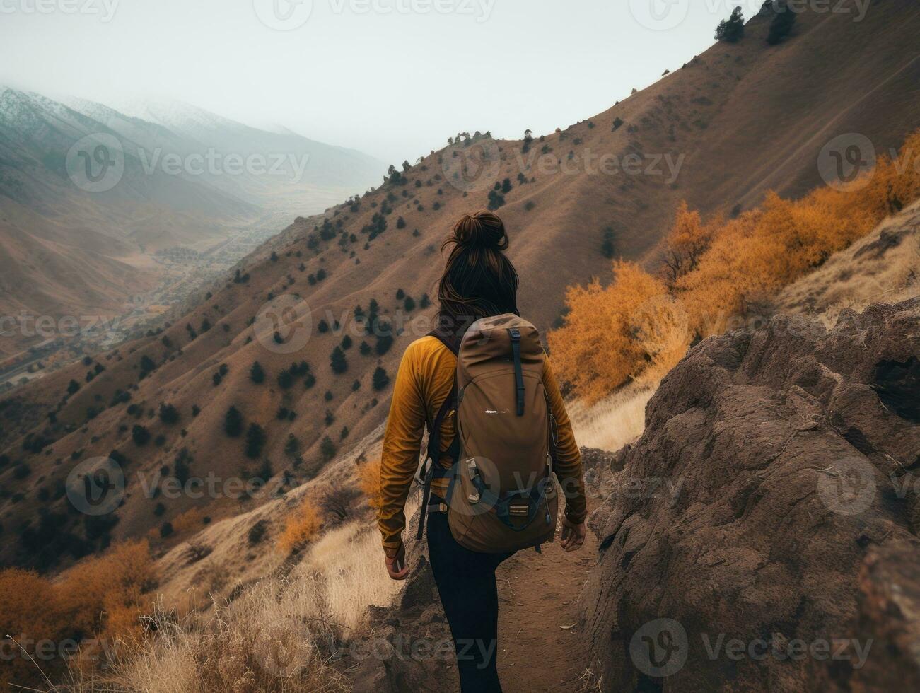 Determined woman climbs a steep mountain trail AI Generative photo