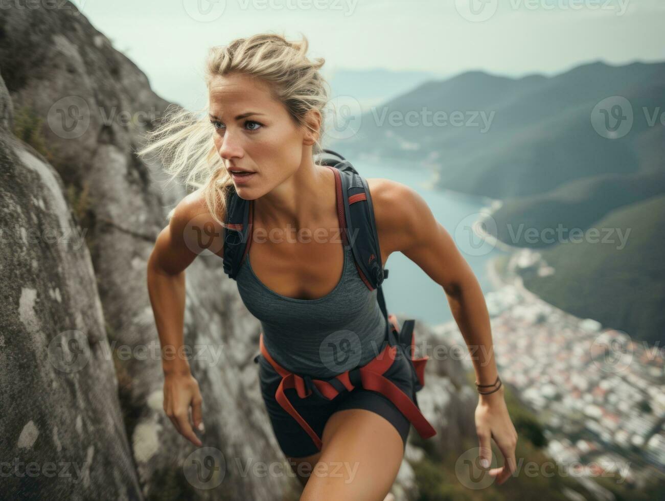 Determined woman climbs a steep mountain trail AI Generative photo