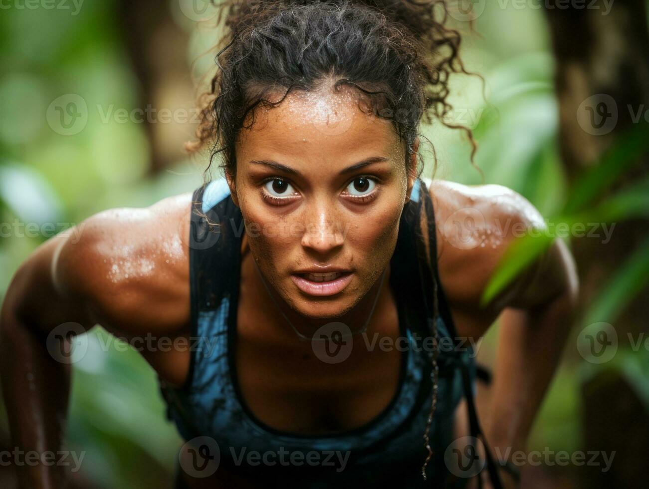 Determined woman climbs a steep mountain trail AI Generative photo