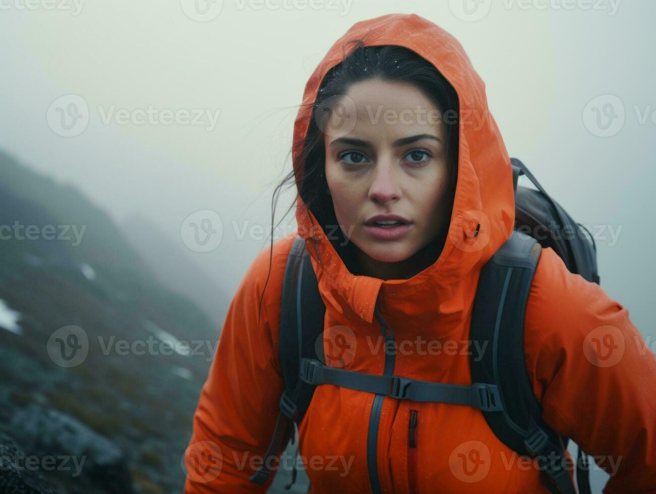 Determined woman climbs a steep mountain trail AI Generative photo