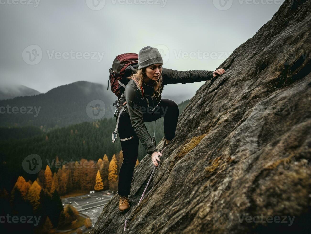 determinado mujer sube un escarpado montaña sendero ai generativo foto