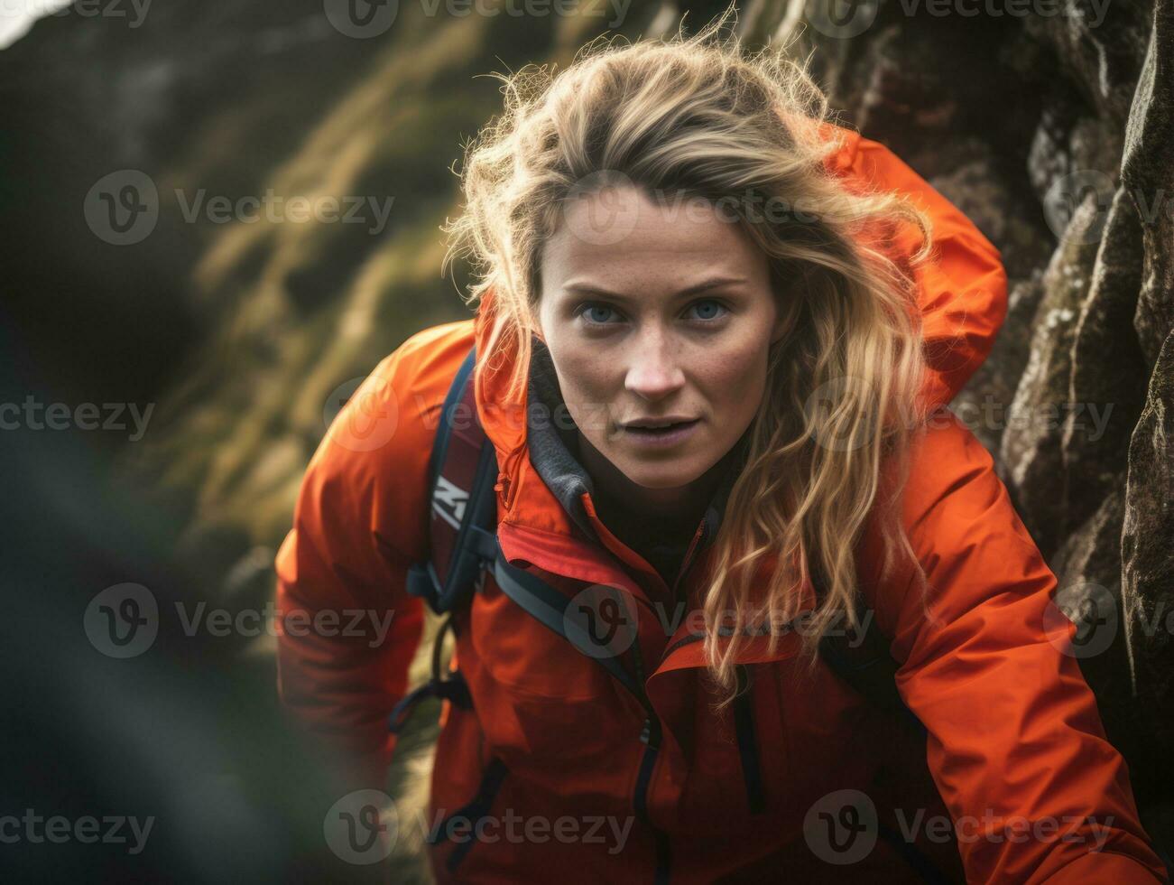 Determined woman climbs a steep mountain trail AI Generative photo