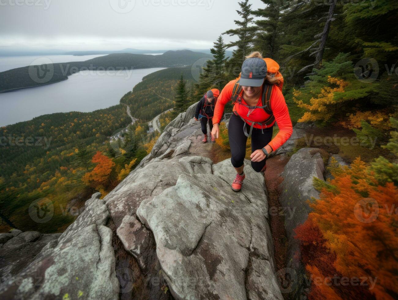 Determined woman climbs a steep mountain trail AI Generative photo