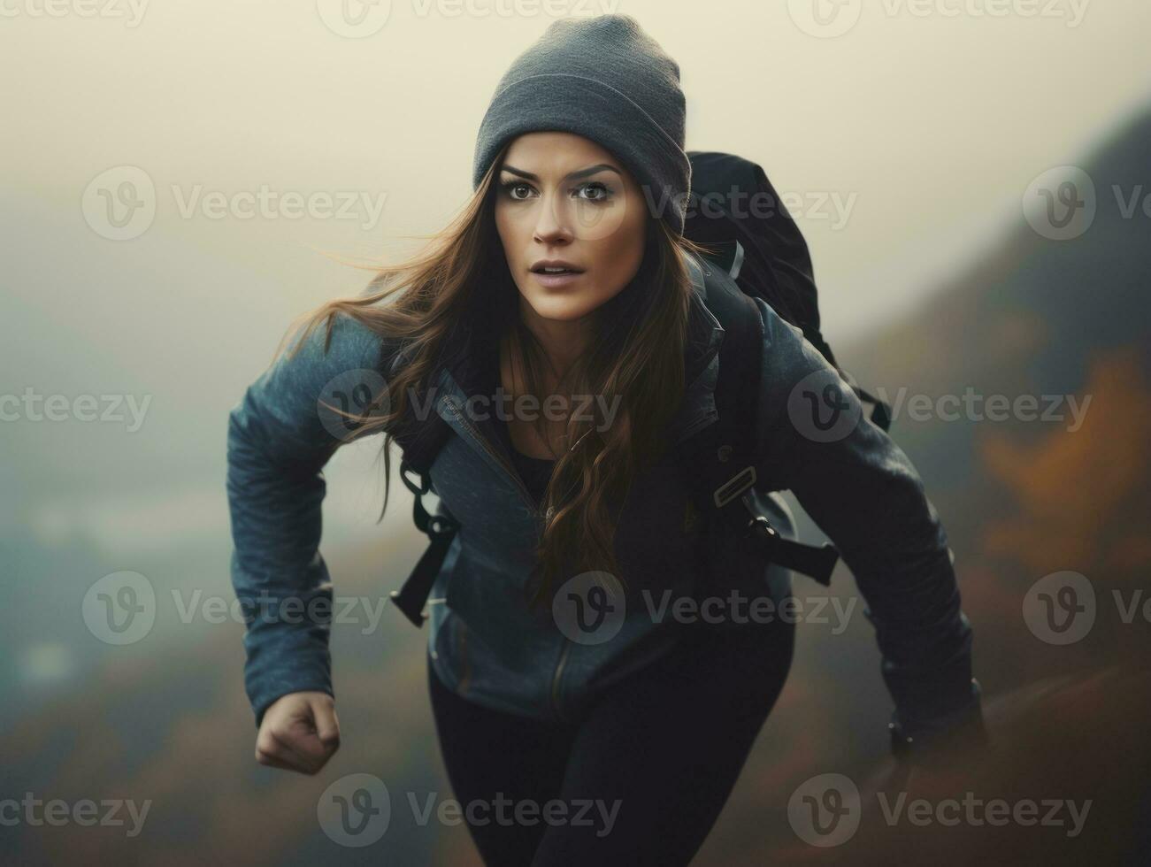 Determined woman climbs a steep mountain trail AI Generative photo