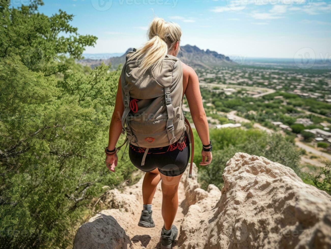 Determined woman climbs a steep mountain trail AI Generative photo