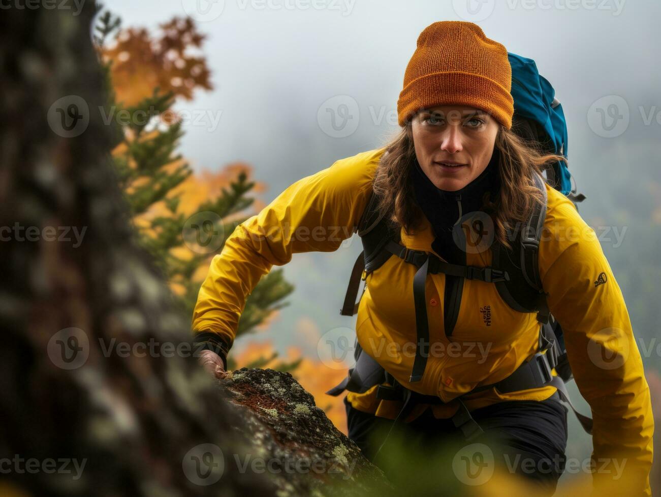 Determined woman climbs a steep mountain trail AI Generative photo