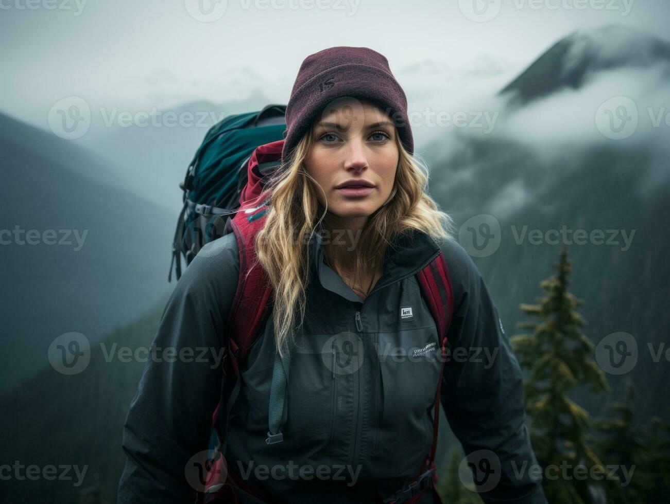 Determined woman climbs a steep mountain trail AI Generative photo