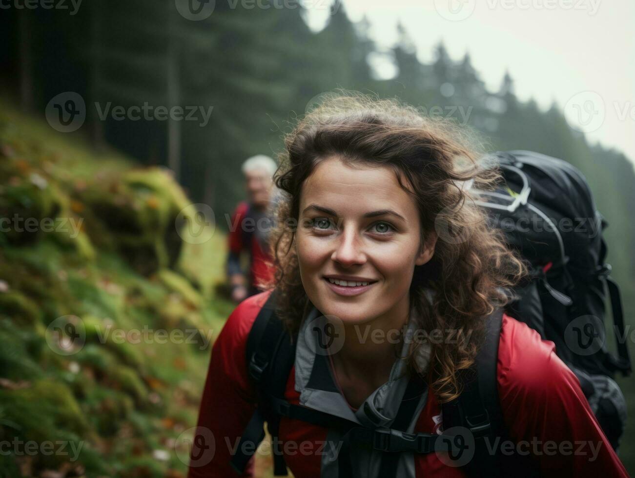 Determined woman climbs a steep mountain trail AI Generative photo