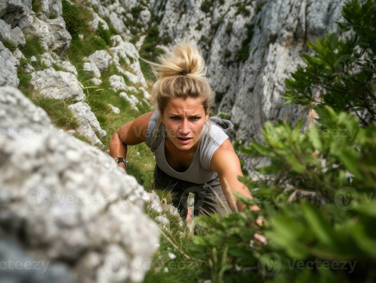 determinado mujer sube un escarpado montaña sendero ai generativo foto