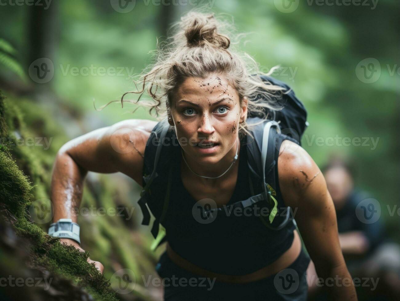 Determined woman climbs a steep mountain trail AI Generative photo