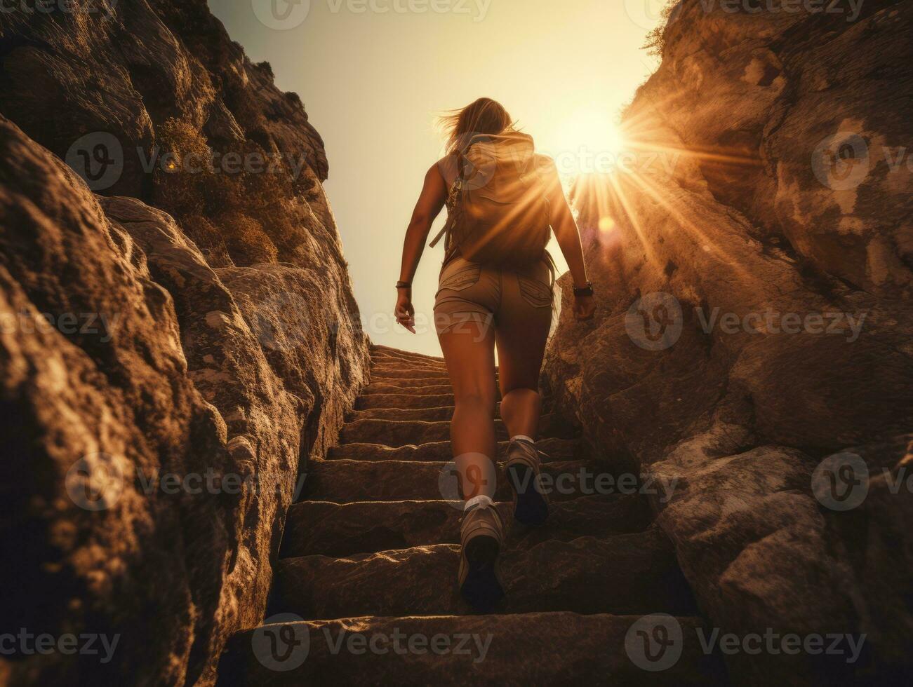 Determined woman climbs a steep mountain trail AI Generative photo