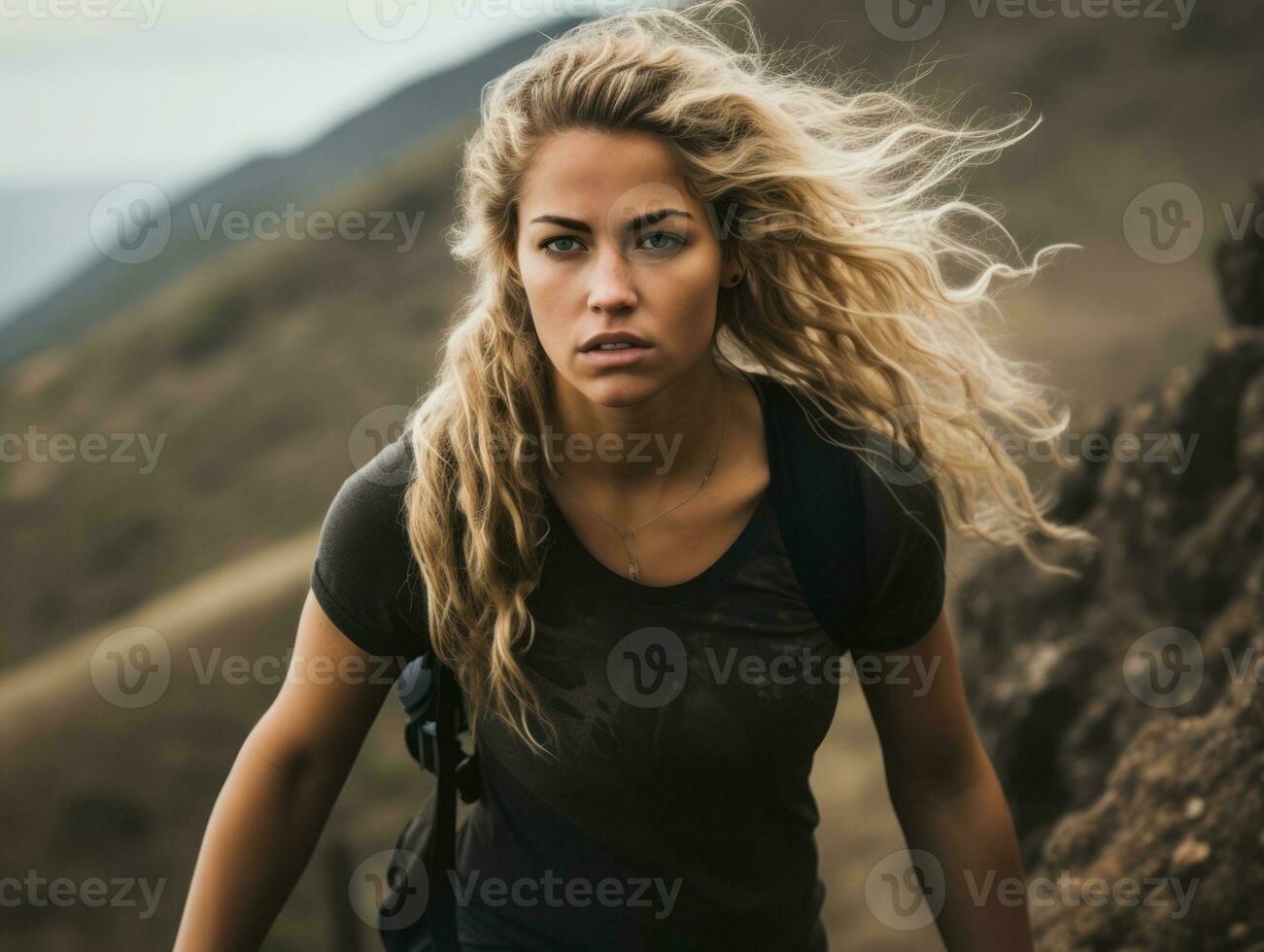 Determined woman climbs a steep mountain trail AI Generative photo