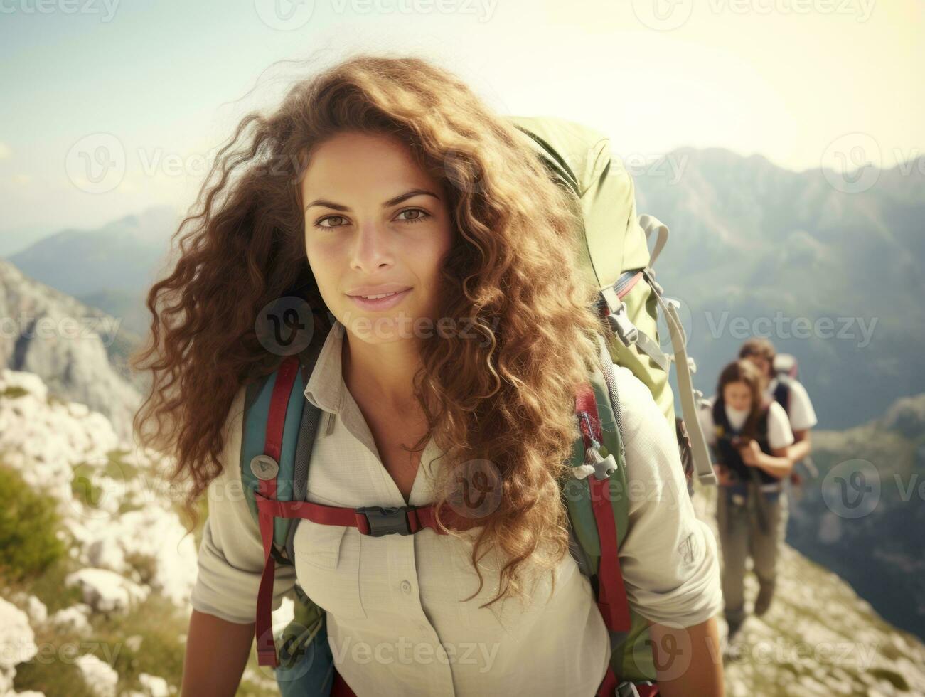 determinado mujer sube un escarpado montaña sendero ai generativo foto