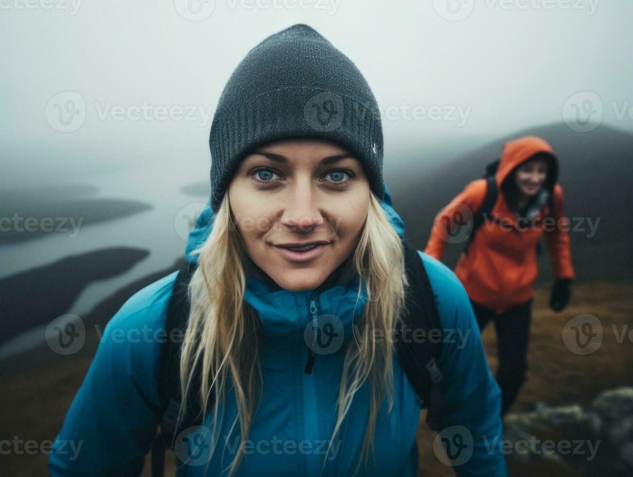 Determined woman climbs a steep mountain trail AI Generative photo