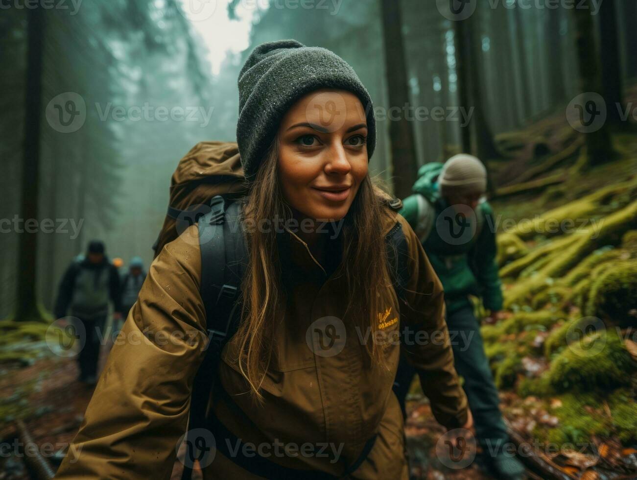 Determined woman climbs a steep mountain trail AI Generative photo