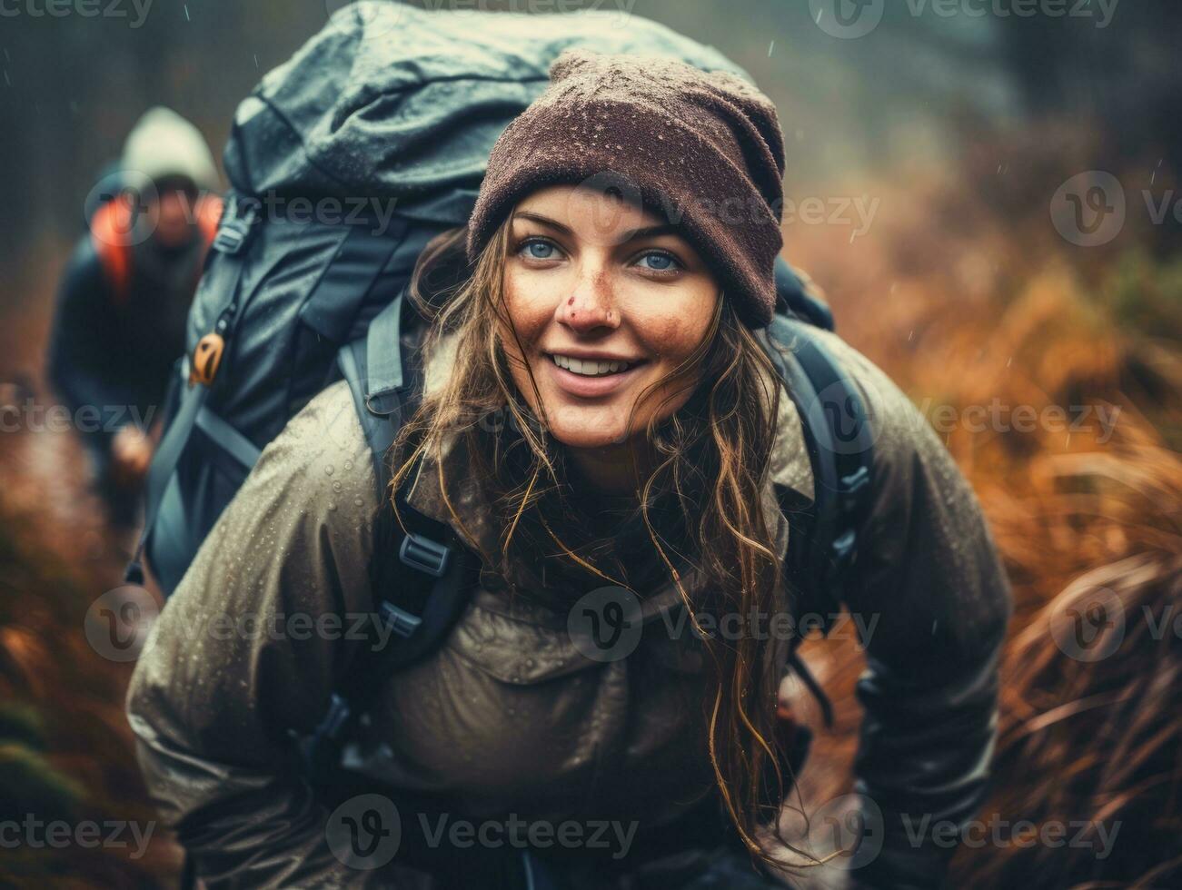 determinado mujer sube un escarpado montaña sendero ai generativo foto