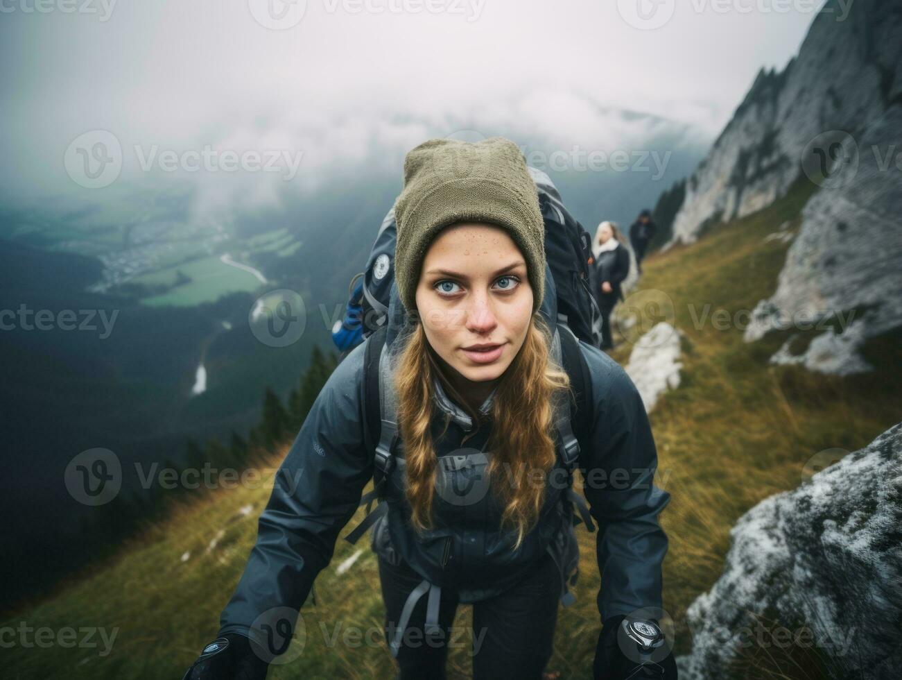 Determined woman climbs a steep mountain trail AI Generative photo