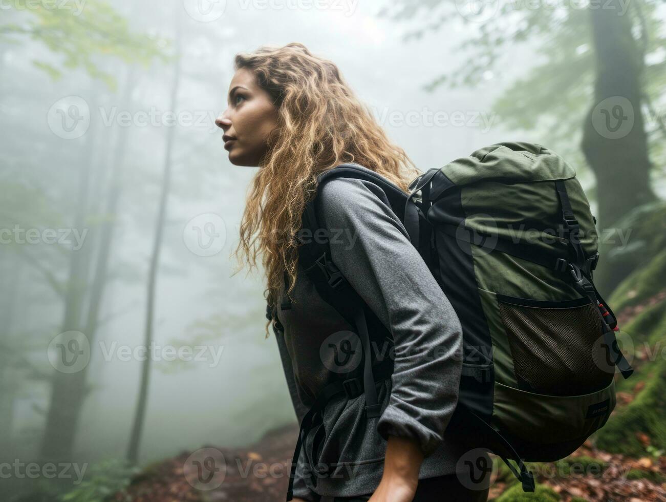 Determined woman climbs a steep mountain trail AI Generative photo