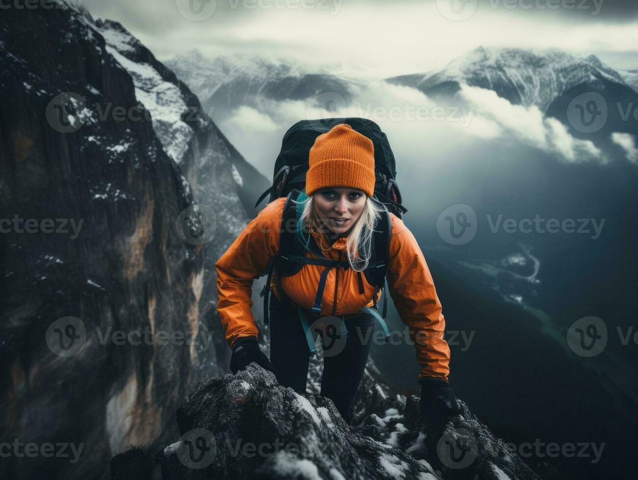 Determined woman climbs a steep mountain trail AI Generative photo