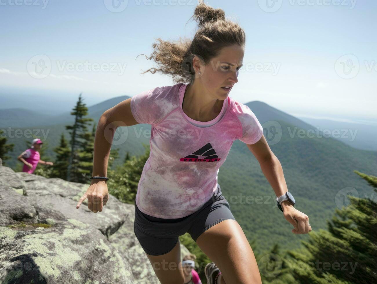 determinado mujer sube un escarpado montaña sendero ai generativo foto