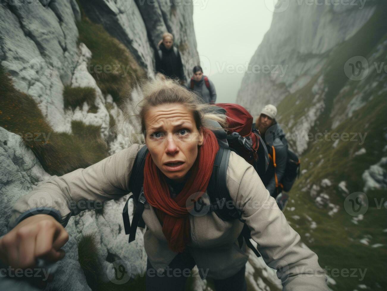 determinado mujer sube un escarpado montaña sendero ai generativo foto