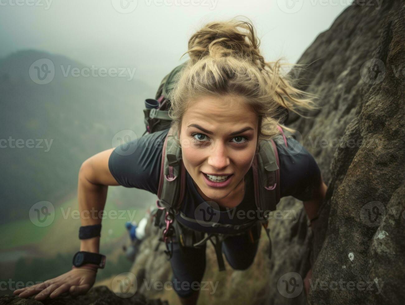 determinado mujer sube un escarpado montaña sendero ai generativo foto