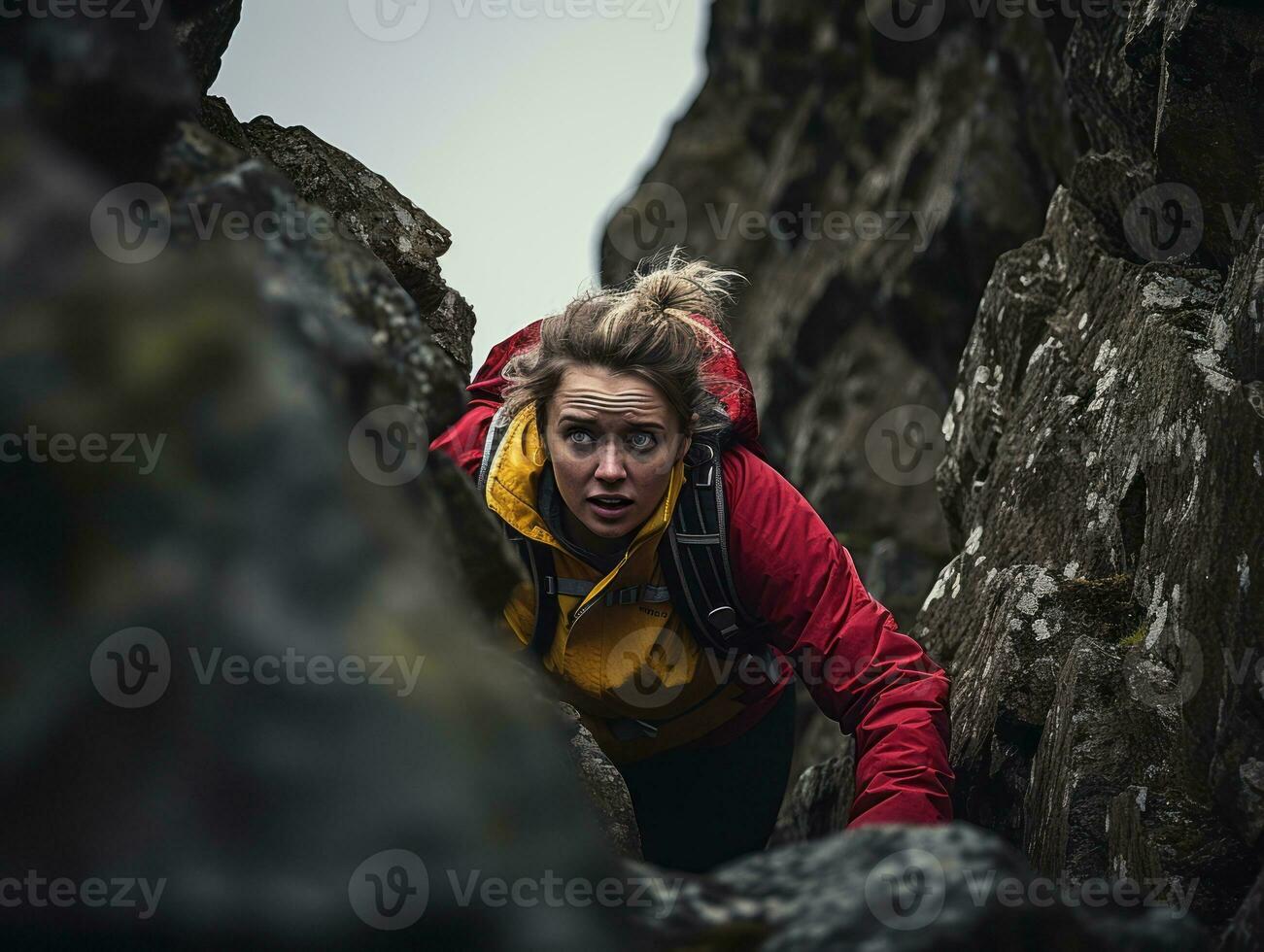 Determined woman climbs a steep mountain trail AI Generative photo