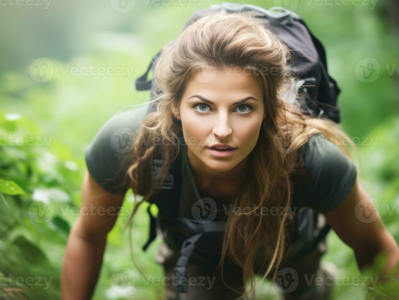 Determined woman climbs a steep mountain trail AI Generative photo